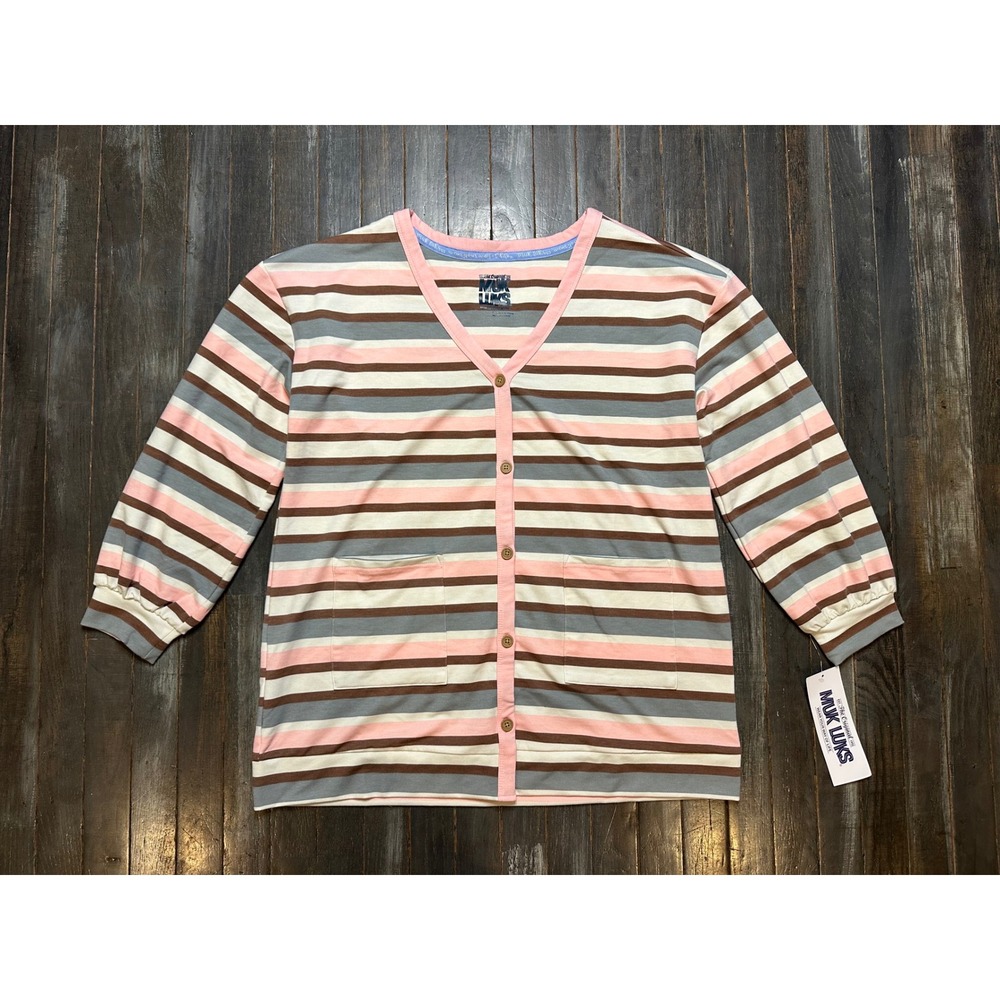 Muk Luks Womens Striped Button Front Cardigan Pink Brown Large NWT
